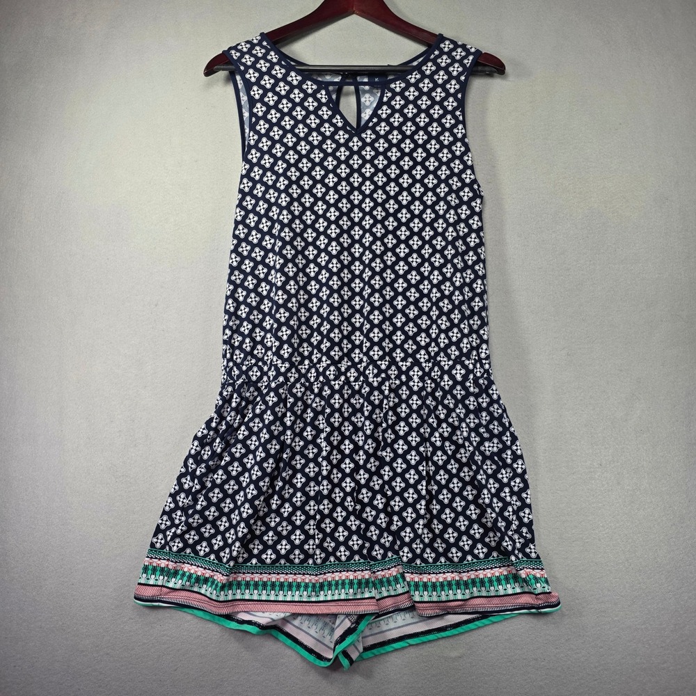 Kaari Blue Womens Navy White Geometric Sleeveless Romper Elastic Waist Medium